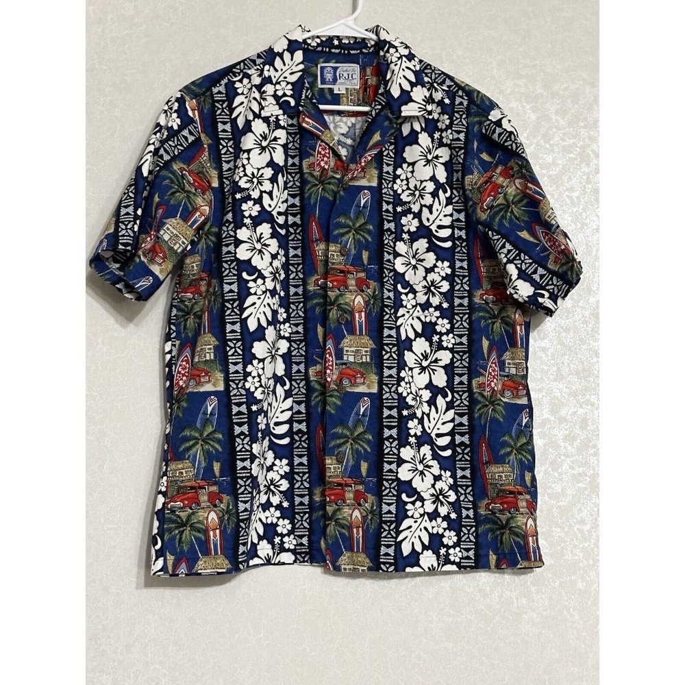 RJC LTD VTG Hawaiian Made Shirt L Blue Red Surfboard Hibiscus‎ Floral Camp Woody